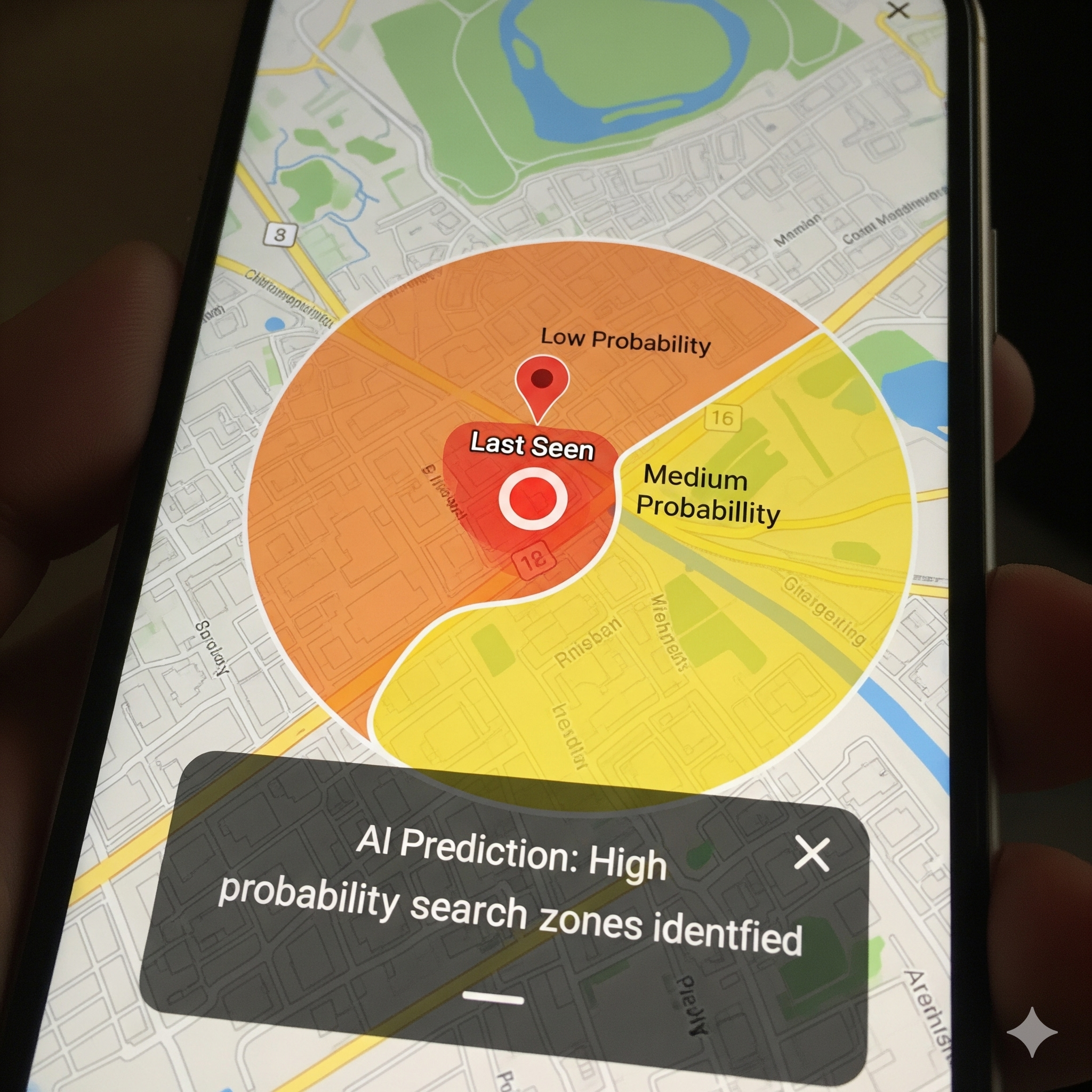 TailTracker AI prediction map showing high, medium, and low probability search zones.