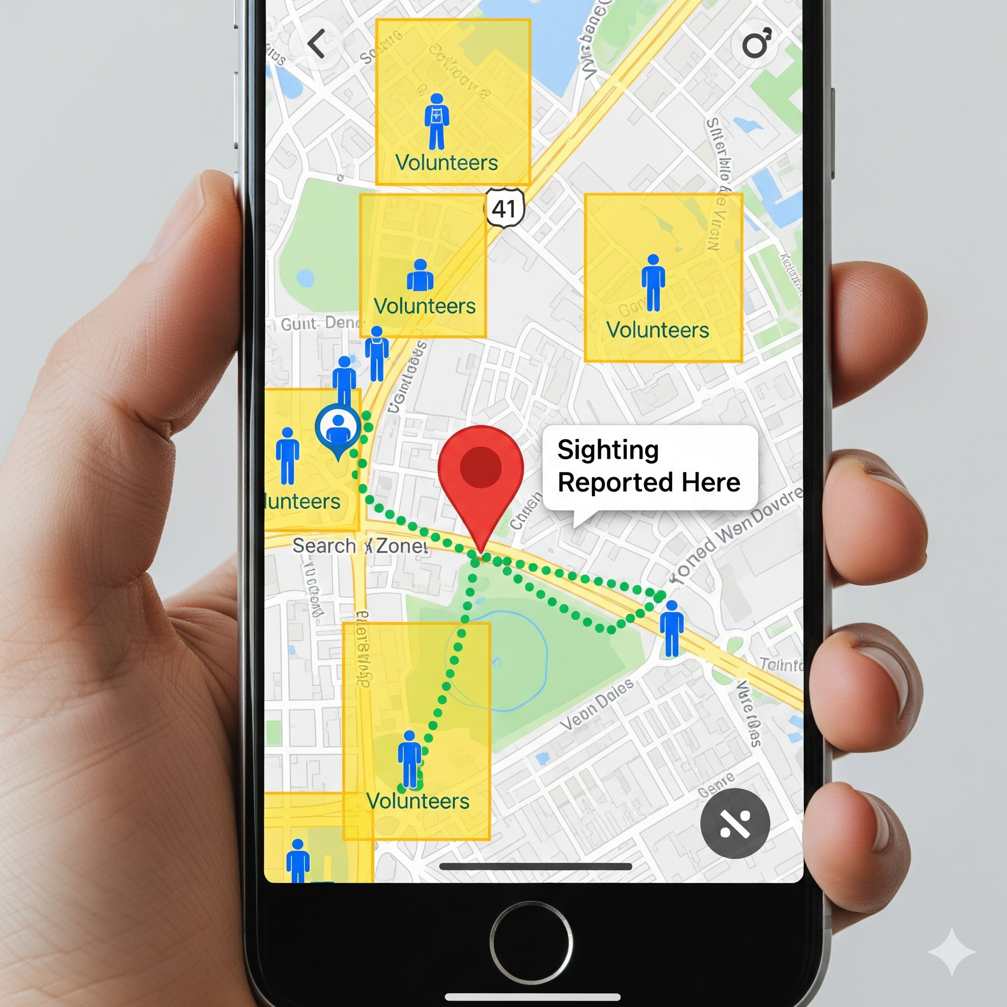 TailTracker app showing volunteers assigned to different search zones on a map.